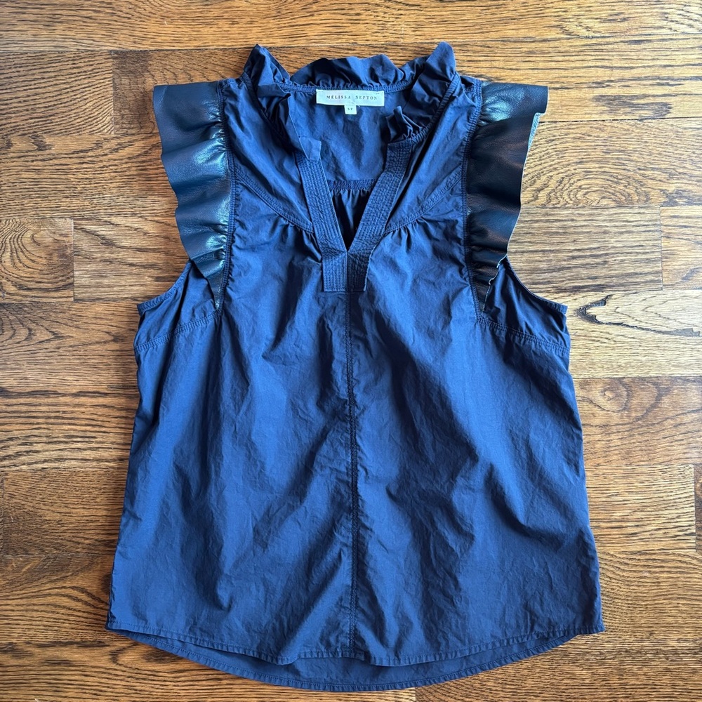 MELISSA NEPTON Navy Ruffle-Trim Sleeveless Top Women’s Small